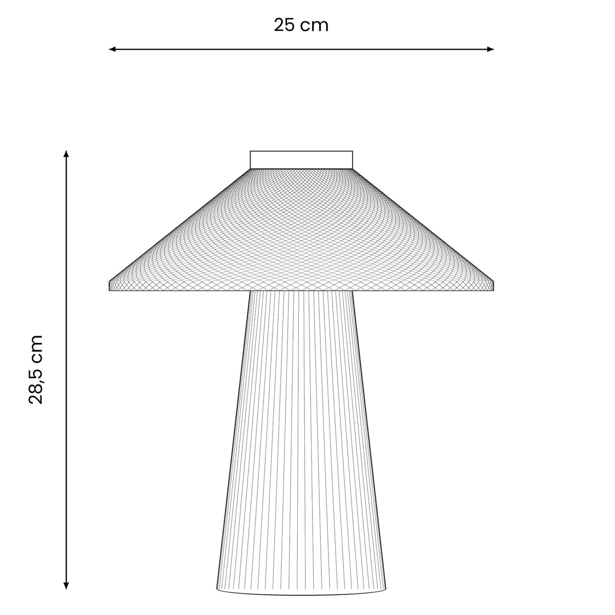 Dwell side view with dimensions: 25 cm wide, 28,5 cm tall